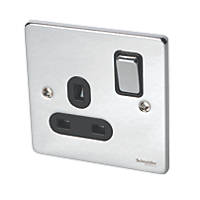 Schneider Electric Ultimate Low Profile 13A 1-Gang SP Switched Plug Socket Polished Chrome  with Black Inserts