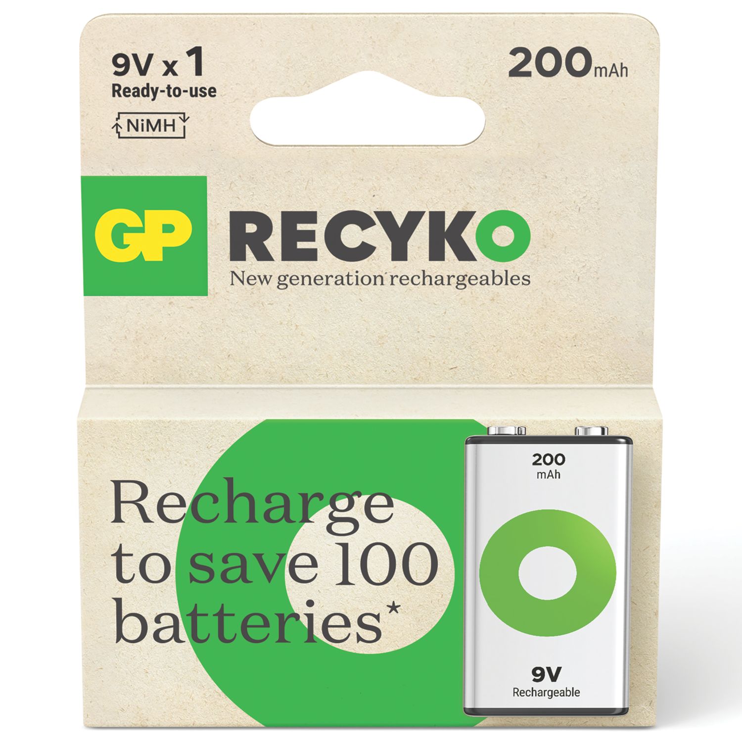 GP Batteries Recyko Rechargeable 9V Ni-MH Battery (396RM)