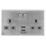 Arlec  13A 2-Gang SP Switched Socket + 4A 15W 2-Outlet Type A USB Charger Stainless Steel with Grey Inserts