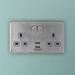 Arlec  13A 2-Gang SP Switched Socket + 4A 15W 2-Outlet Type A USB Charger Stainless Steel with Grey Inserts