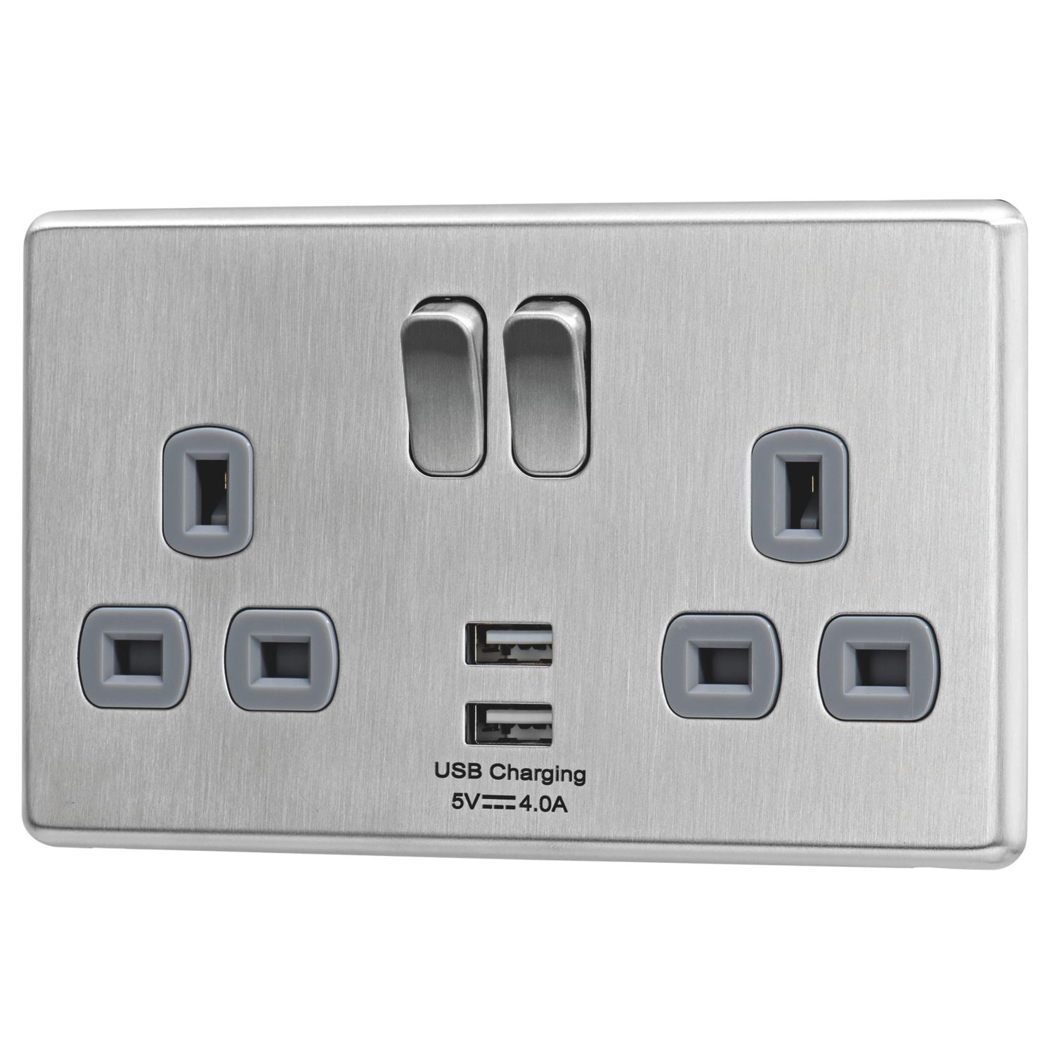 Arlec 13A 2-Gang SP Switched Socket + 4A 15W 2-Outlet Type A USB Charger Stainless Steel with Grey Inserts (396RU)