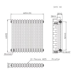 Flomasta 600mm x 605mm 2089BTU White Square 2 Column Radiator