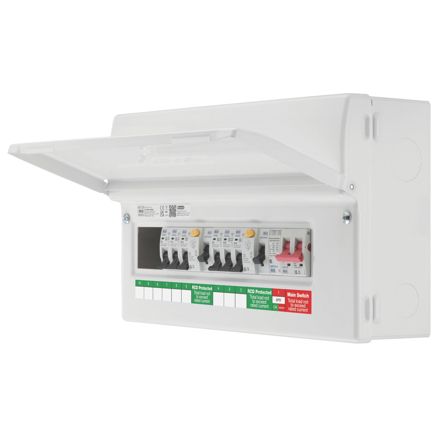 British General Circuit Protection 9-Module 6-Way Part-Populated High Integrity Main Switch Consumer Unit with SPD (397CY)