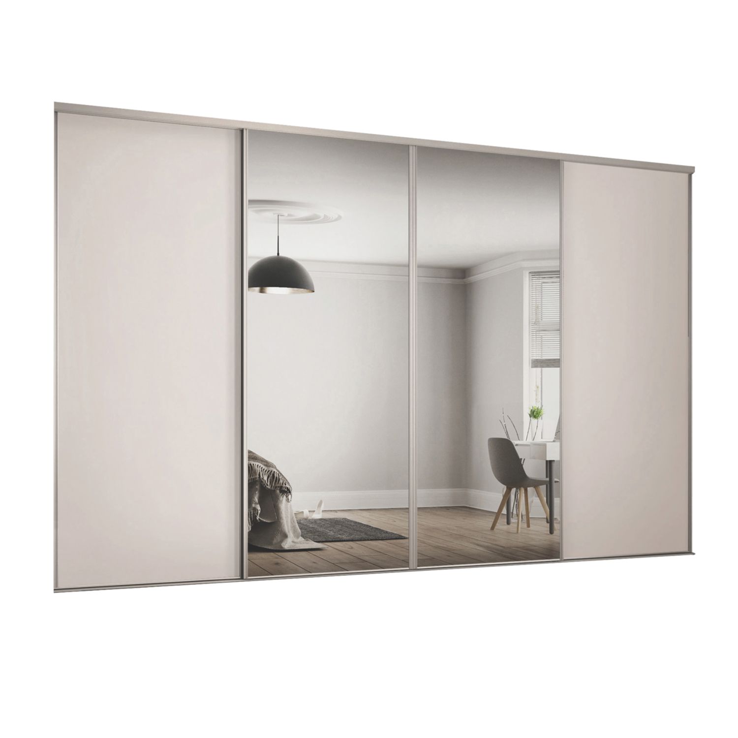 Spacepro Classic 4-Door Sliding Wardrobe Door Kit Cashmere Frame Cashmere / Mirror Panel 2370mm x 2260mm (398GK)