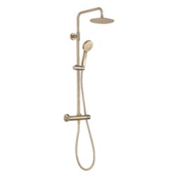 Maine HP/Combi Flexible Exposed Brushed Brass Thermostatic Round Bar Mixer Shower with Riser Handset & Overhead Outlet