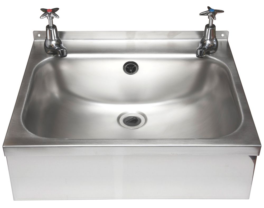 1 Bowl Stainless Steel Wall-Hung Washbasin & Crosshead Taps 457mm x 357mm