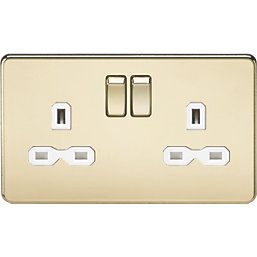 Knightsbridge  13A 2-Gang DP Switched Double Socket Polished Brass  with White Inserts