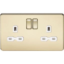 Knightsbridge  13A 2-Gang DP Switched Double Socket Polished Brass  with White Inserts