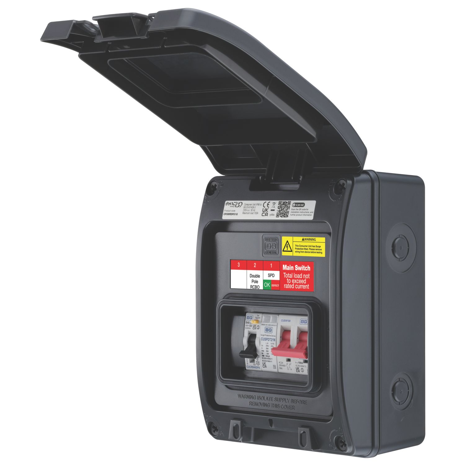 Sync Energy IP66 Weatherproof Outdoor 5-Module 3-Way Part-Populated EV Charger Consumer Unit with SPD (400EF)