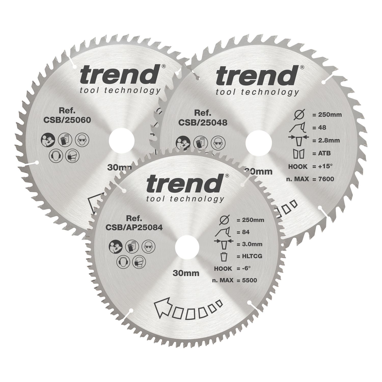 Trend CSB/250/3PK Wood/Plastic TCT Circular Saw Blades 250mm x 30mm 48/60/84T 3 Pack (401HT)