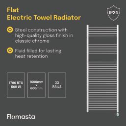 Flomasta 1600mm x 600mm 1706BTU Chrome Flat Electric Towel Radiator