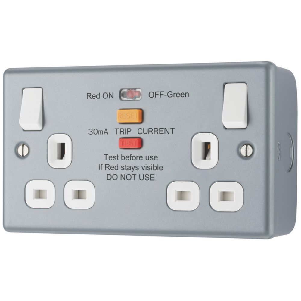 British General  13A 2-Gang SP Switched Metal Clad Passive Type A RCD Socket with White Inserts