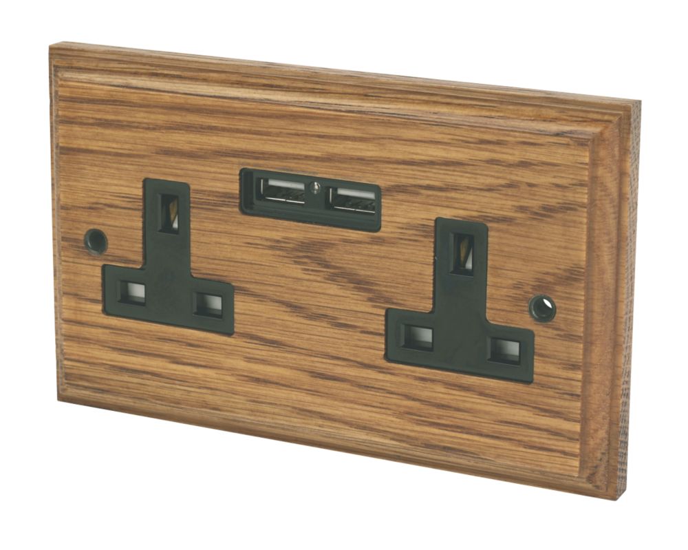 Varilight  13AX 2-Gang Unswitched Socket + 2.1A 10.5W 2-Outlet Type A USB Charger Medium Oak with Black Inserts