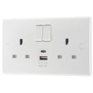 British General 800 Series 13A 2-Gang SP Switched Socket + 2.4A 12W 2-Outlet Type A & C USB Charger White