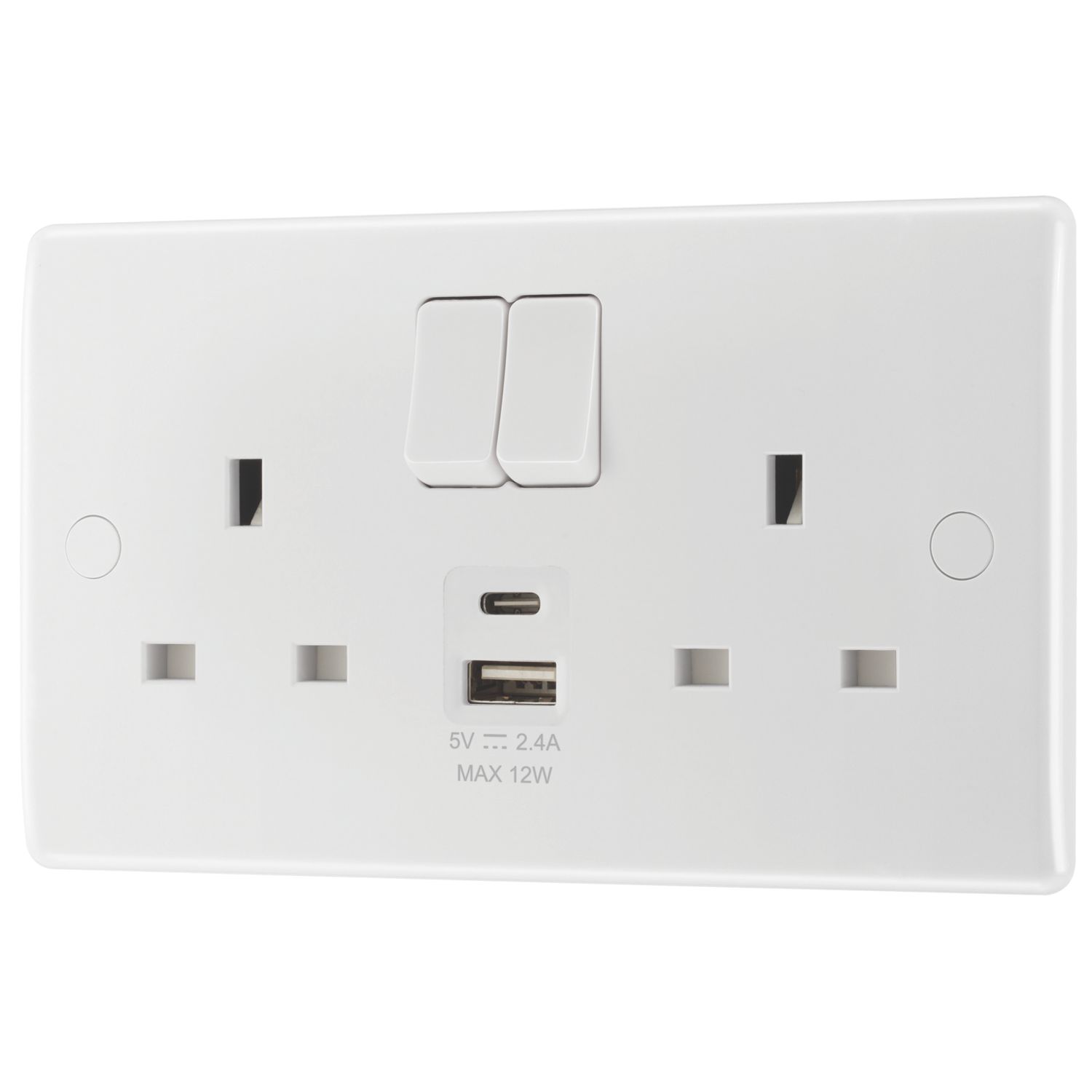 British General 800 Series 13A 2-Gang SP Switched Socket + 2.4A 12W 2-Outlet Type A & C USB Charger White (403PM)