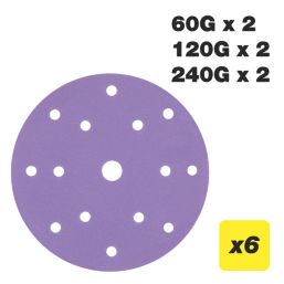 Trend  AB/150/M6 60, 120 & 240 Grit 14-Hole Punched Multi-Material Random Orbital Sanding Discs 150mm 6 Pack