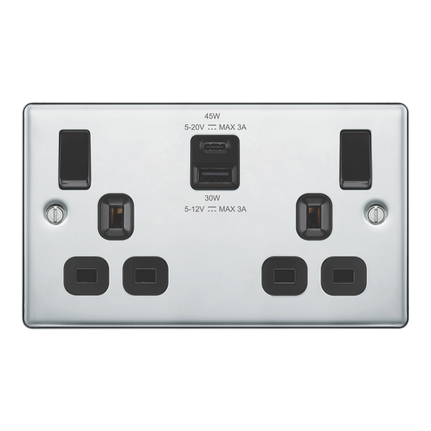 LAP 13A 2-Gang SP Switched Socket + 3A 45W 2-Outlet Type A & C USB Charger Polished Chrome with Black Inserts (405PN)