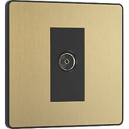 British General Evolve 1-Gang Coaxial TV / FM Socket Satin Brass with Black Inserts