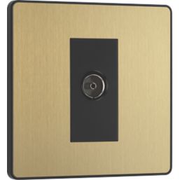 British General Evolve 1-Gang Coaxial TV / FM Socket Satin Brass with Black Inserts