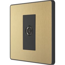 British General Evolve 1-Gang Coaxial TV / FM Socket Satin Brass with Black Inserts