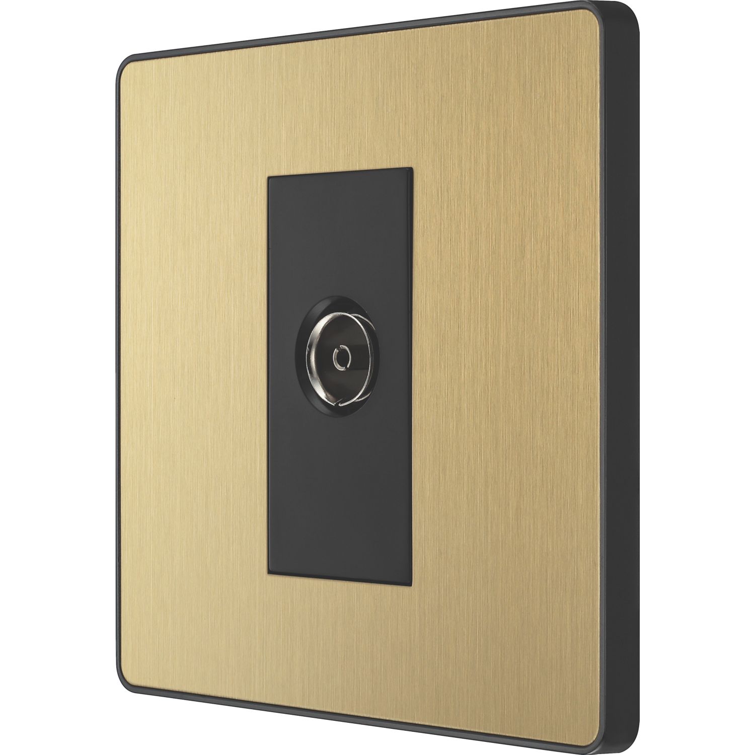 British General Evolve 1-Gang Coaxial TV / FM Socket Satin Brass with Black Inserts (405RF)