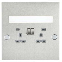Knightsbridge  13A 2-Gang SP Switched Socket + 4.0A 20W 2-Outlet Type A & C USB Charger Brushed Chrome with Grey Inserts