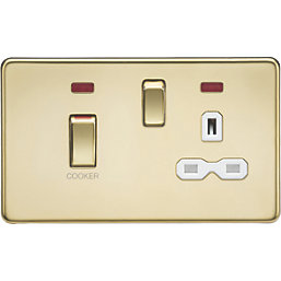 Knightsbridge  45 & 13A 2-Gang DP Cooker Switch & 13A DP Switched Socket Polished Brass with LED with White Inserts
