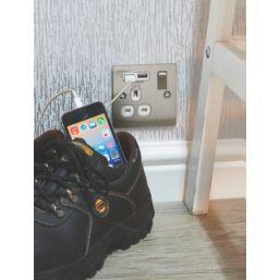 LAP  13A 1-Gang SP Switched Socket + 2.1A 10.5W 2-Outlet Type A USB Charger Brushed Stainless Steel with White Inserts