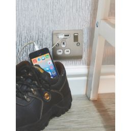 LAP  13A 1-Gang SP Switched Socket + 2.1A 2-Outlet Type A USB Charger Brushed Stainless Steel with White Inserts