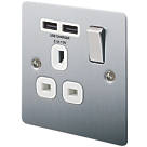 LAP  13A 1-Gang SP Switched Socket + 2.1A 2-Outlet Type A USB Charger Brushed Stainless Steel with White Inserts