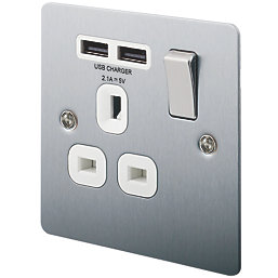 LAP  13A 1-Gang SP Switched Socket + 2.1A 10.5W 2-Outlet Type A USB Charger Brushed Stainless Steel with White Inserts