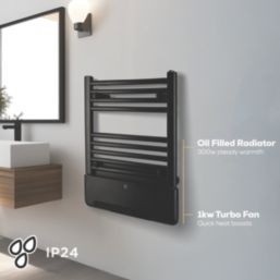 TCP  1300W Electric Wall-Mounted Oil Filled Towel Radiator with Heater 607mm x 515mm Black 4436BTU