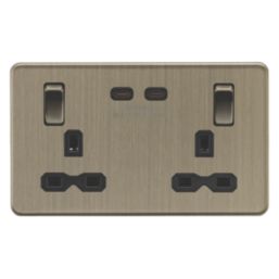Knightsbridge  13A 2-Gang DP Switched Socket + 3.25A 65W 2-Outlet Type C USB Charger Antique Brass with Black Inserts