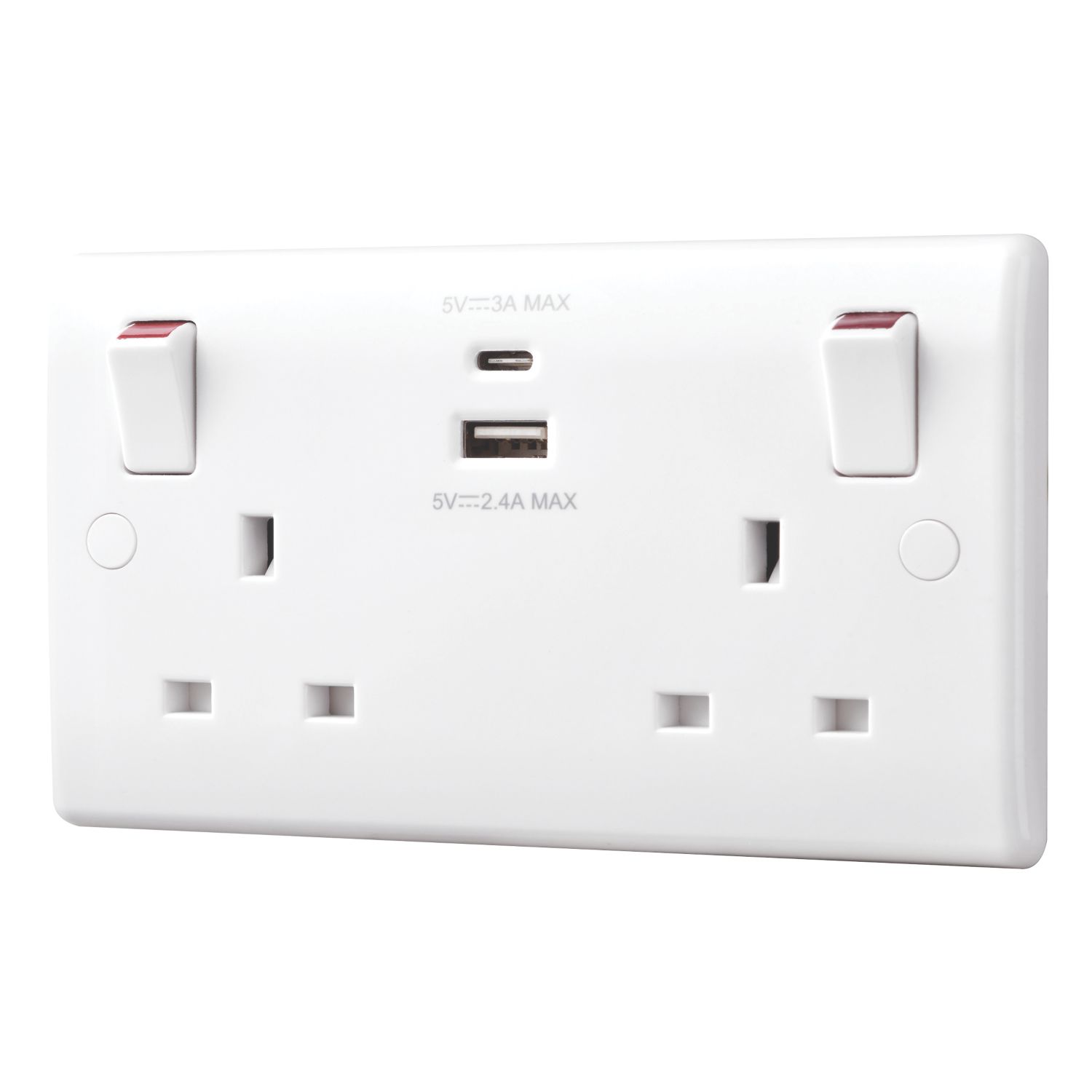 British General 800 Series 13A 2-Gang SP Switched Socket + 4.2A 15W 2-Outlet Type A & C USB Charger White (410HV)