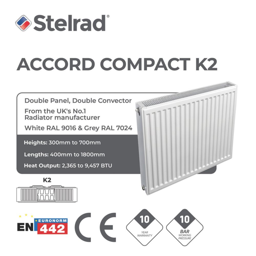 Stelrad 700mm x 500mm 3221BTU White Type 22 Convector Radiator