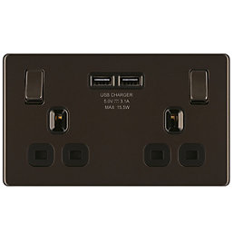 LAP  13A 2-Gang DP Switched Socket + 3.1A 15.5W 2-Outlet Type A USB Charger Black Nickel with Black Inserts