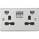 Knightsbridge FPR9904NBC 13A 2-Gang SP Switched Socket + 2.4A 2-Outlet Type A USB Charger Brushed Chrome with Black Inserts