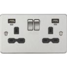 Knightsbridge  13A 2-Gang SP Switched Socket + 2.4A 12W 2-Outlet Type A USB Charger Brushed Chrome with Black Inserts