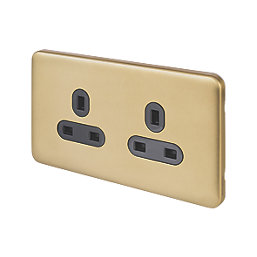 Schneider Electric Lisse Deco 13A 2-Gang Unswitched Plug Socket Satin Brass with Black Inserts