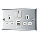 LAP  13A 2-Gang SP Switched Socket + 2.4A 12W 2-Outlet Type A USB Charger Polished Chrome with White Inserts