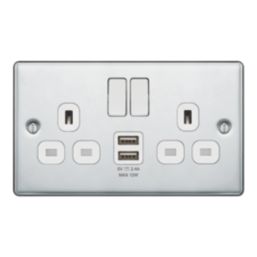 LAP  13A 2-Gang SP Switched Socket + 2.4A 12W 2-Outlet Type A USB Charger Polished Chrome with White Inserts