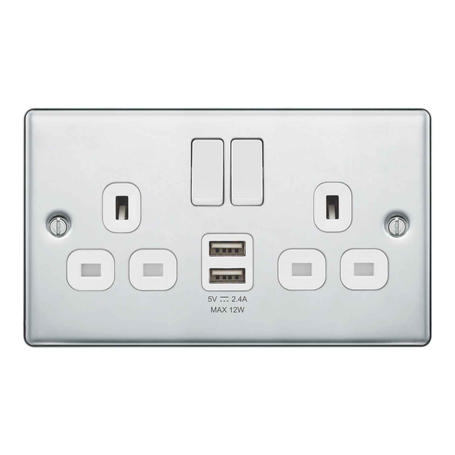 LAP 13A 2-Gang SP Switched Socket + 2.4A 12W 2-Outlet Type A USB Charger Polished Chrome with White Inserts (413PN)