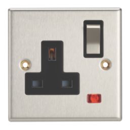 Contactum Iconic 13A 1-Gang DP Switched Socket Outlet Brushed Steel with Neon with Black Inserts
