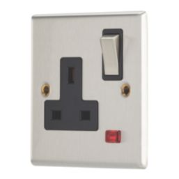 Contactum Iconic 13A 1-Gang DP Switched Socket Outlet Brushed Steel with Neon with Black Inserts