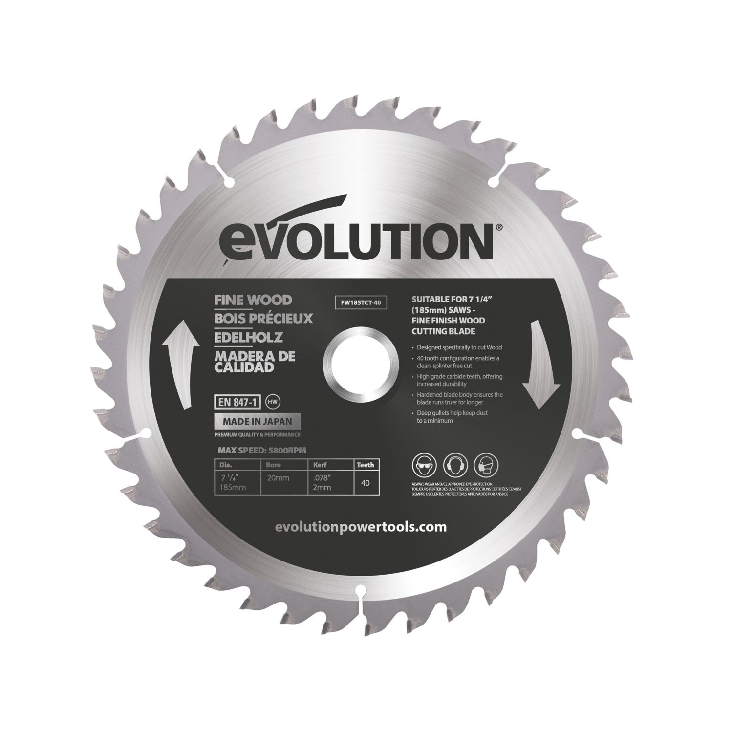 Evolution FW185TCT-40 Wood Circular Saw Blade 185mm x 25.4mm 40T (415AK)