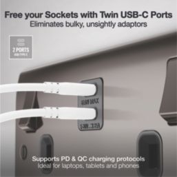 British General Nexus Metal 13A 2-Gang SP Switched Socket + 3.25A 65W 2-Outlet Type C USB Charger Black Nickel with Black Inserts