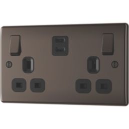 British General Nexus Metal 13A 2-Gang SP Switched Socket + 3.25A 65W 2-Outlet Type C USB Charger Black Nickel with Black Inserts
