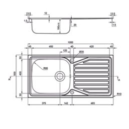 Clearwater OKIO 1 Bowl Stainless Steel Kitchen Sink & Drainer Polished/Satin 1000mm x 500mm