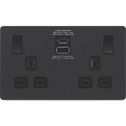 British General Evolve 13A 2-Gang SP Switched Socket + 3A 2-Outlet Type A & C USB Charger Matt Black with Black Inserts
