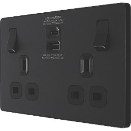 British General Evolve 13A 2-Gang SP Switched Socket + 3A 2-Outlet Type A & C USB Charger Matt Black with Black Inserts